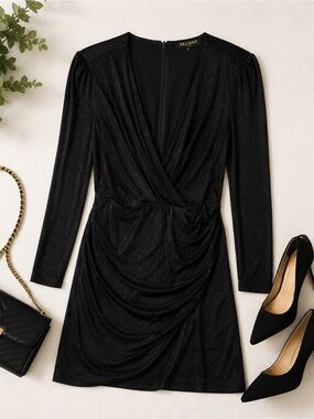 Valiant Paris Black Ruched Deep V Padded Shoulder Mini Dress Size M‎